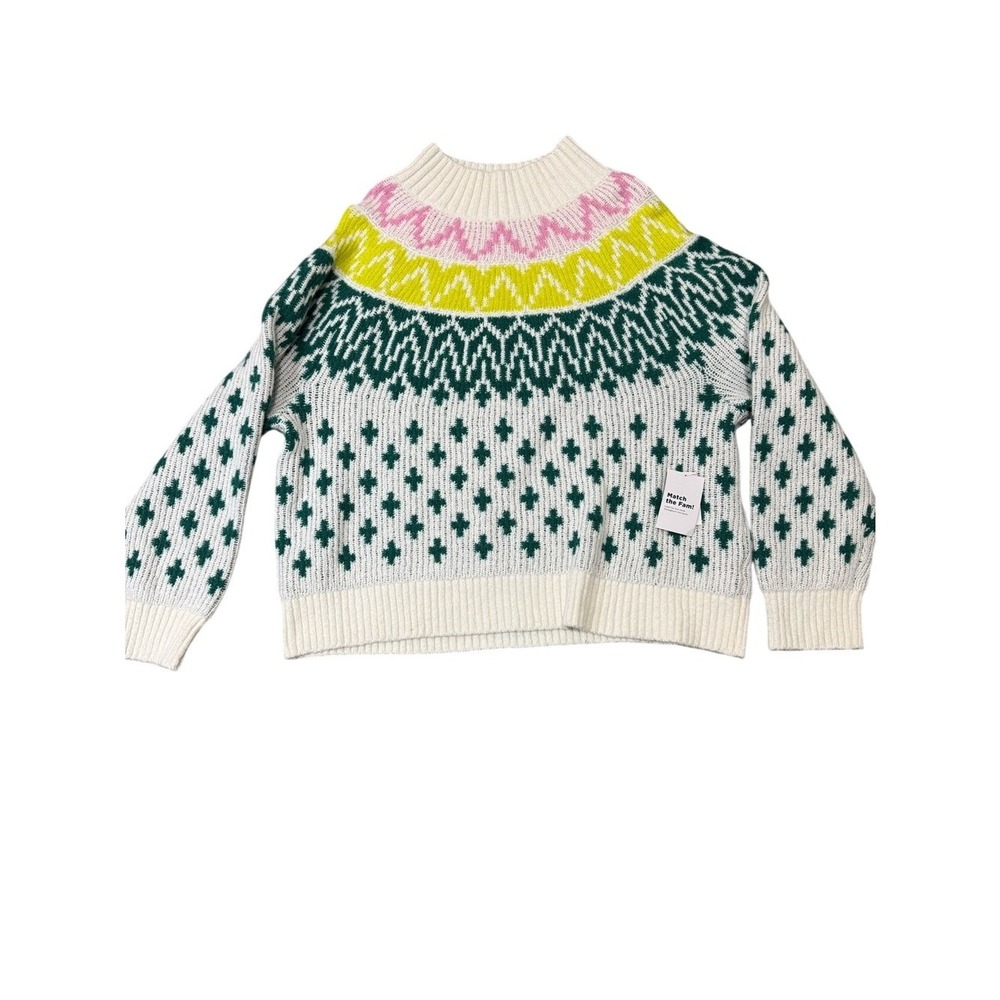 Old Navy Womens Fair Isle Mock Neck Sweater Cream Pink Green Large NWT